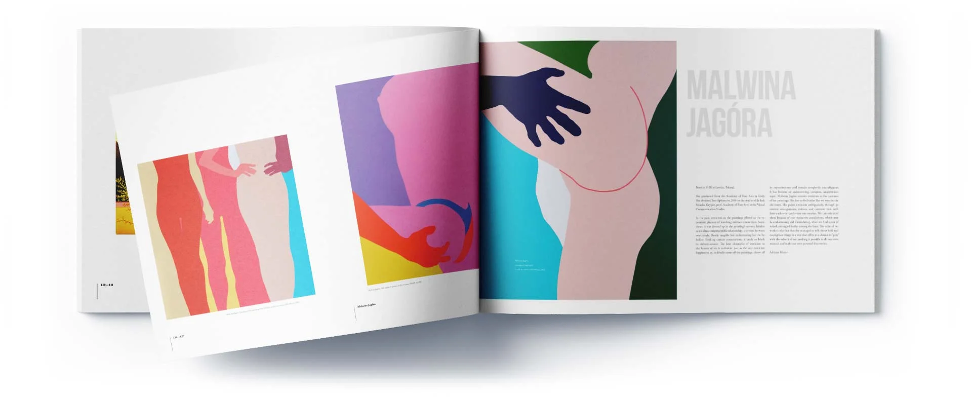 Open catalogue spread with a colourful abstract figurative painting