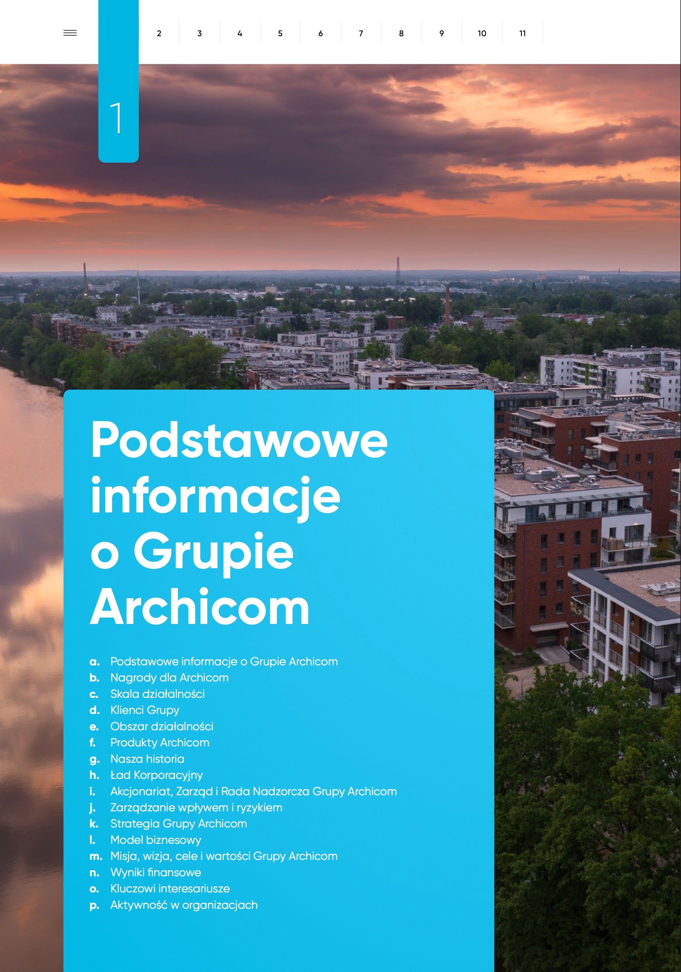Report spread “Podstawowe informacje o Grupie Archicom” with a Wrocław skyline photo and contents list