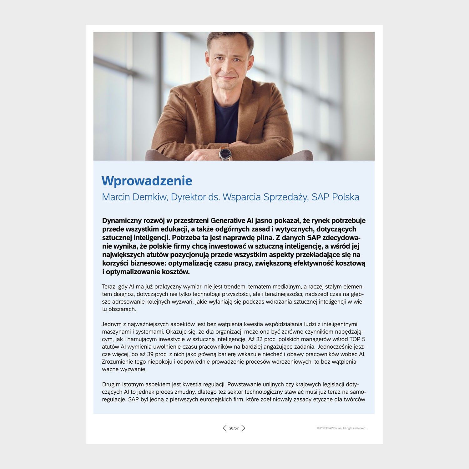 Introduction page of the SAP report with a portrait of the managing director