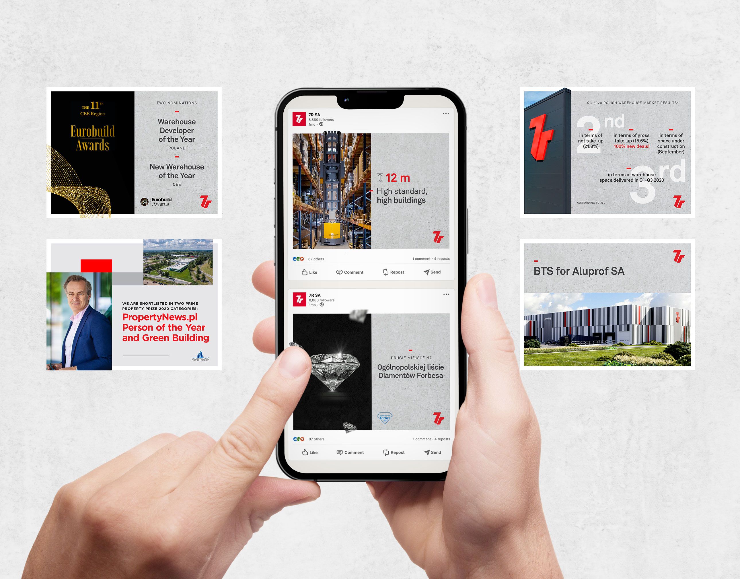 Hand holding a phone showing 7R social media posts, surrounded by post designs