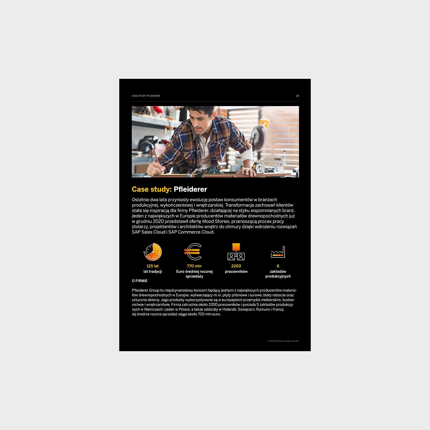 Dark “Case study: Pfleiderer” page with a workshop photo and icon statistics
