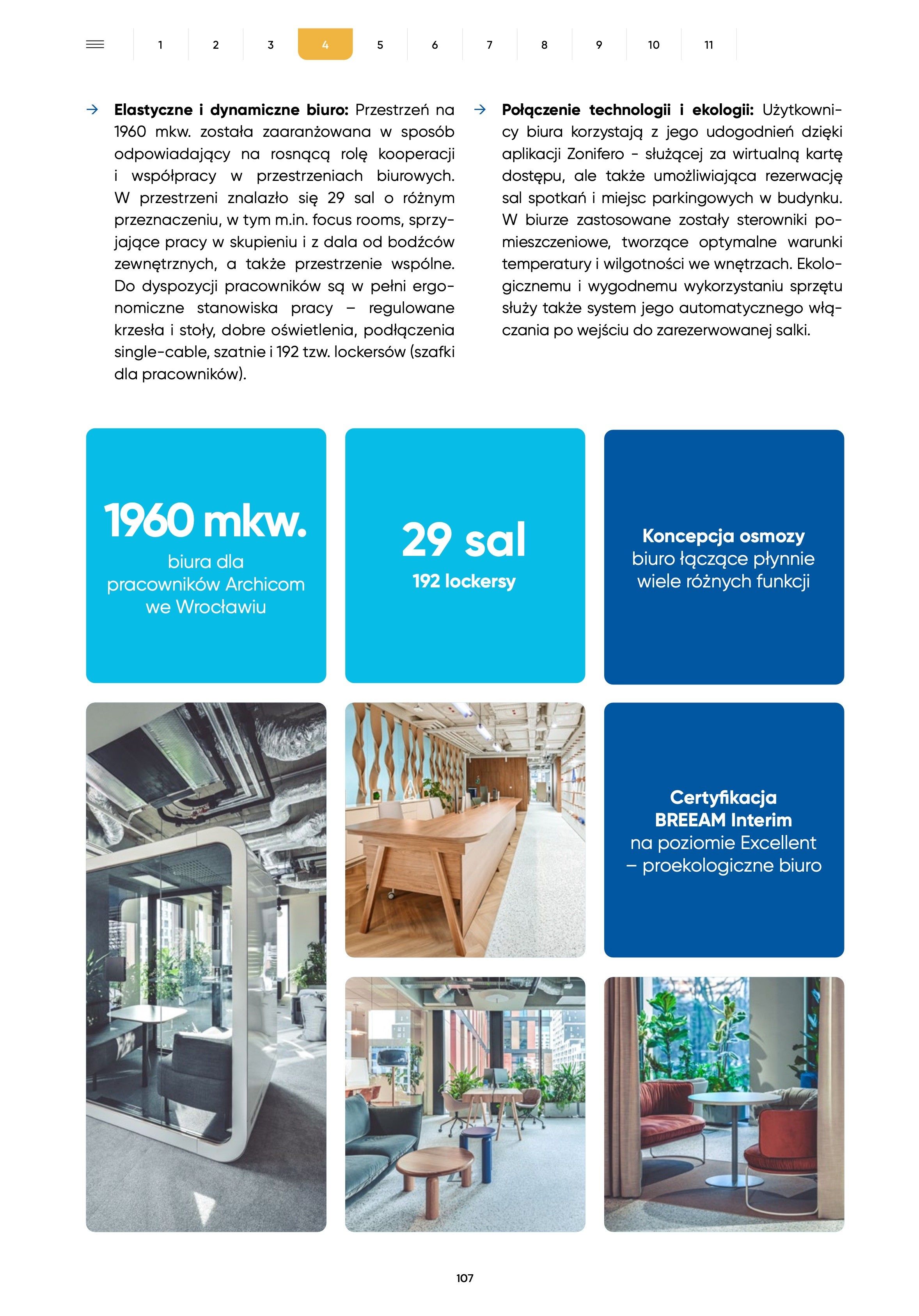 Report pages with key figures in blue tiles and office interior photos