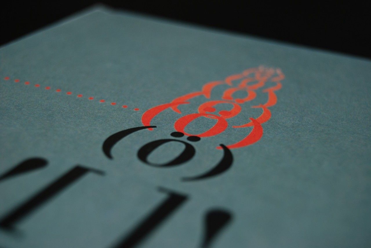 Close-up of the red illustration printed on the teal cover