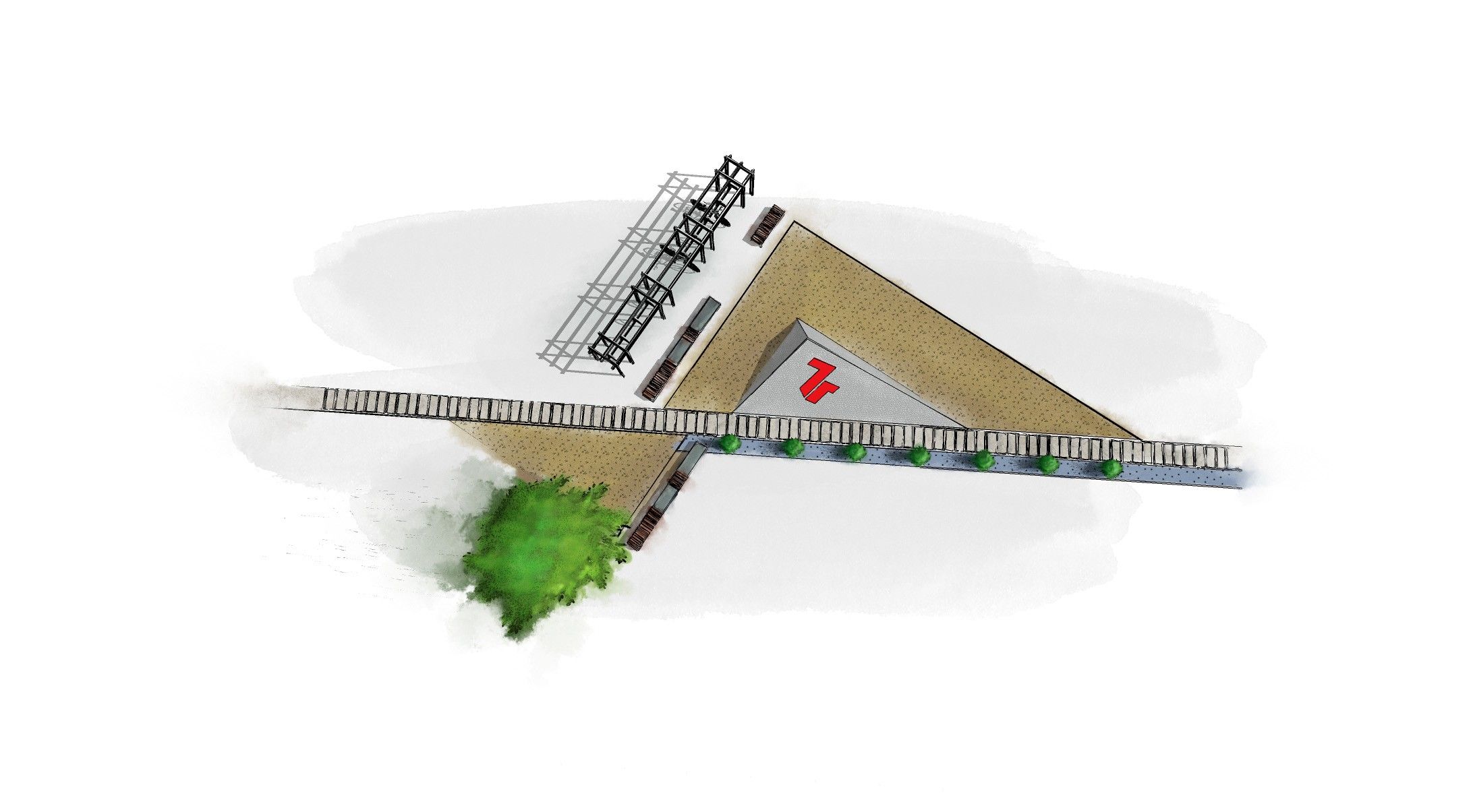 Key visual of a 7R logistics building with the red logo on its roof