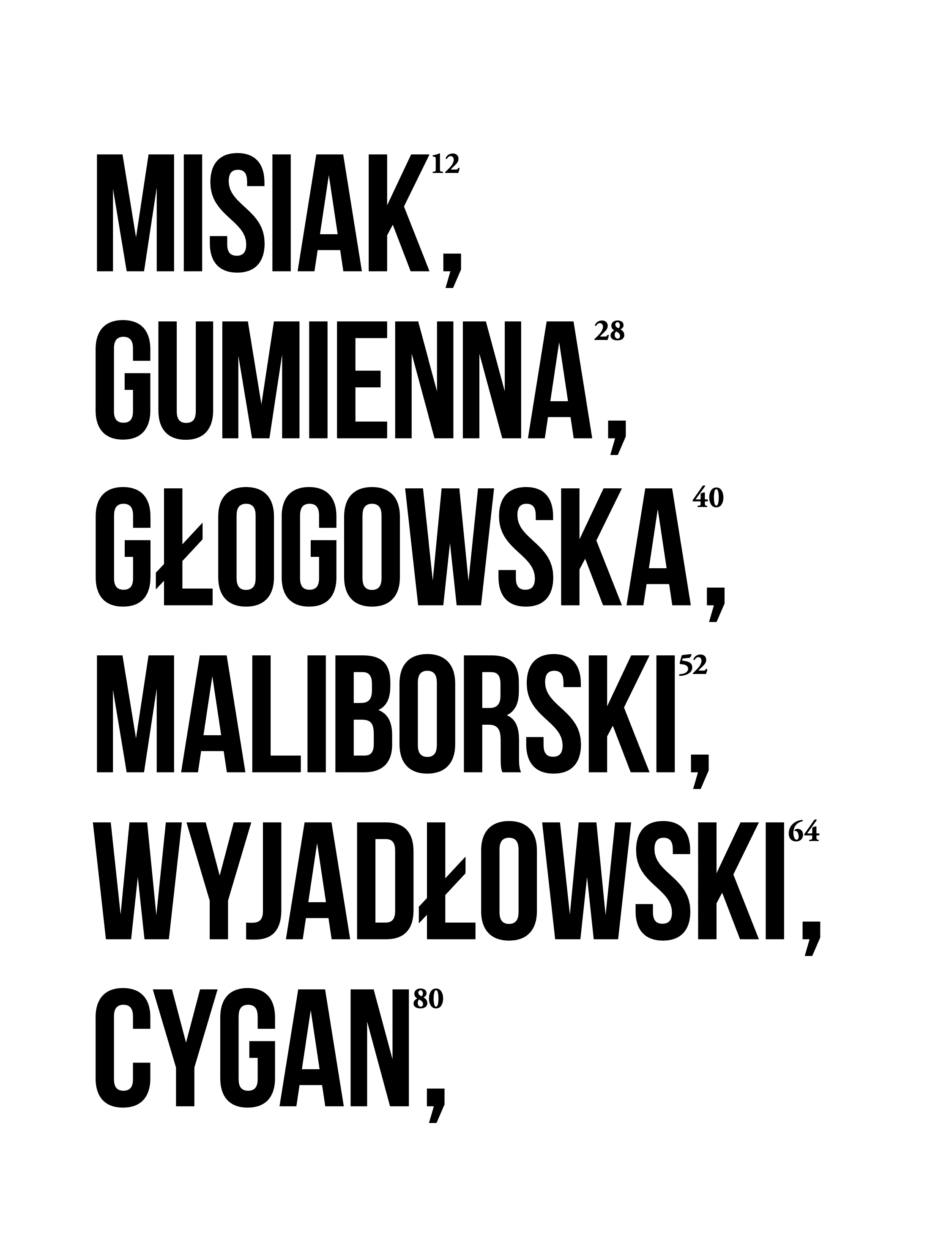 Catalogue page listing the exhibiting artists in bold condensed type