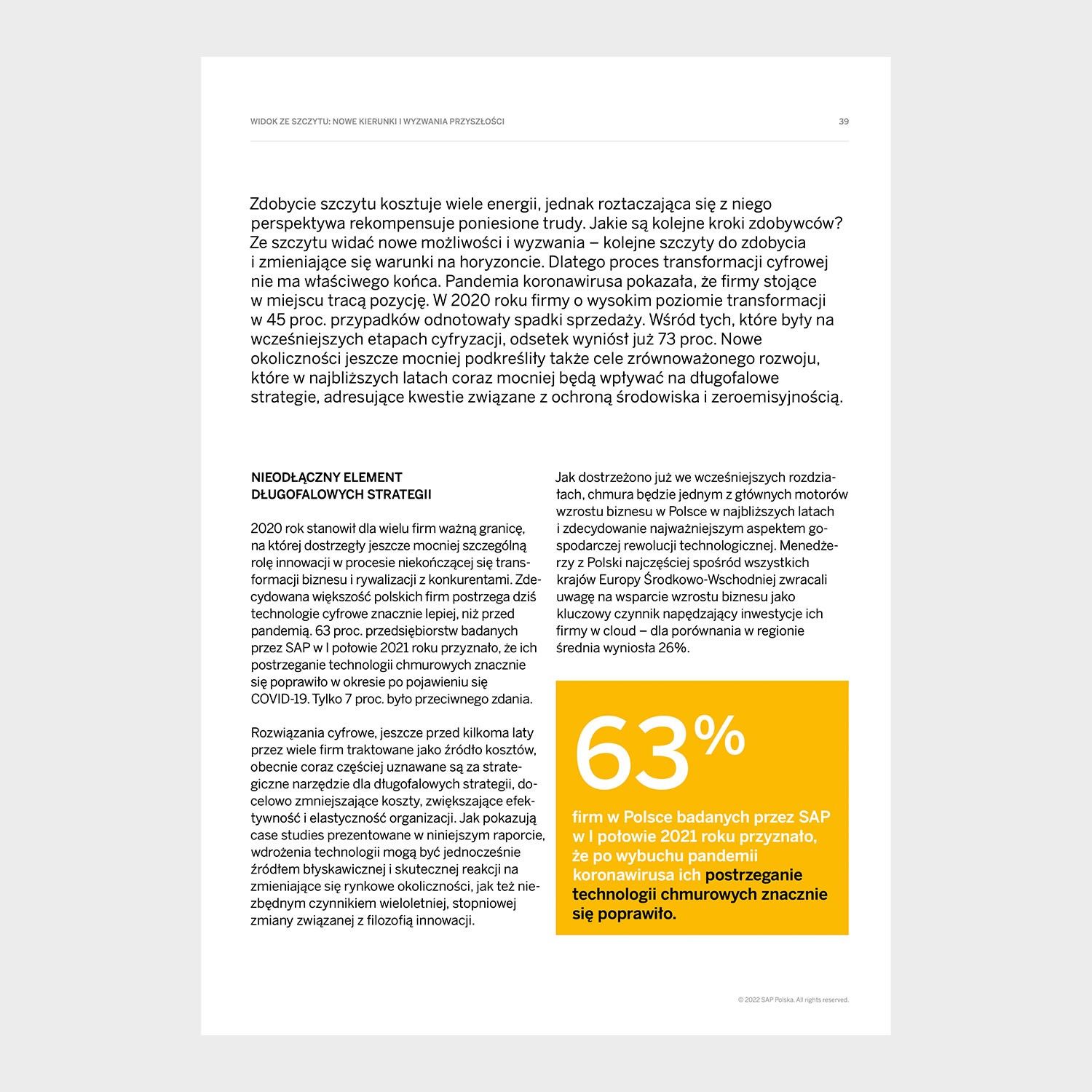 Report spread with body text and a yellow 63% statistic callout