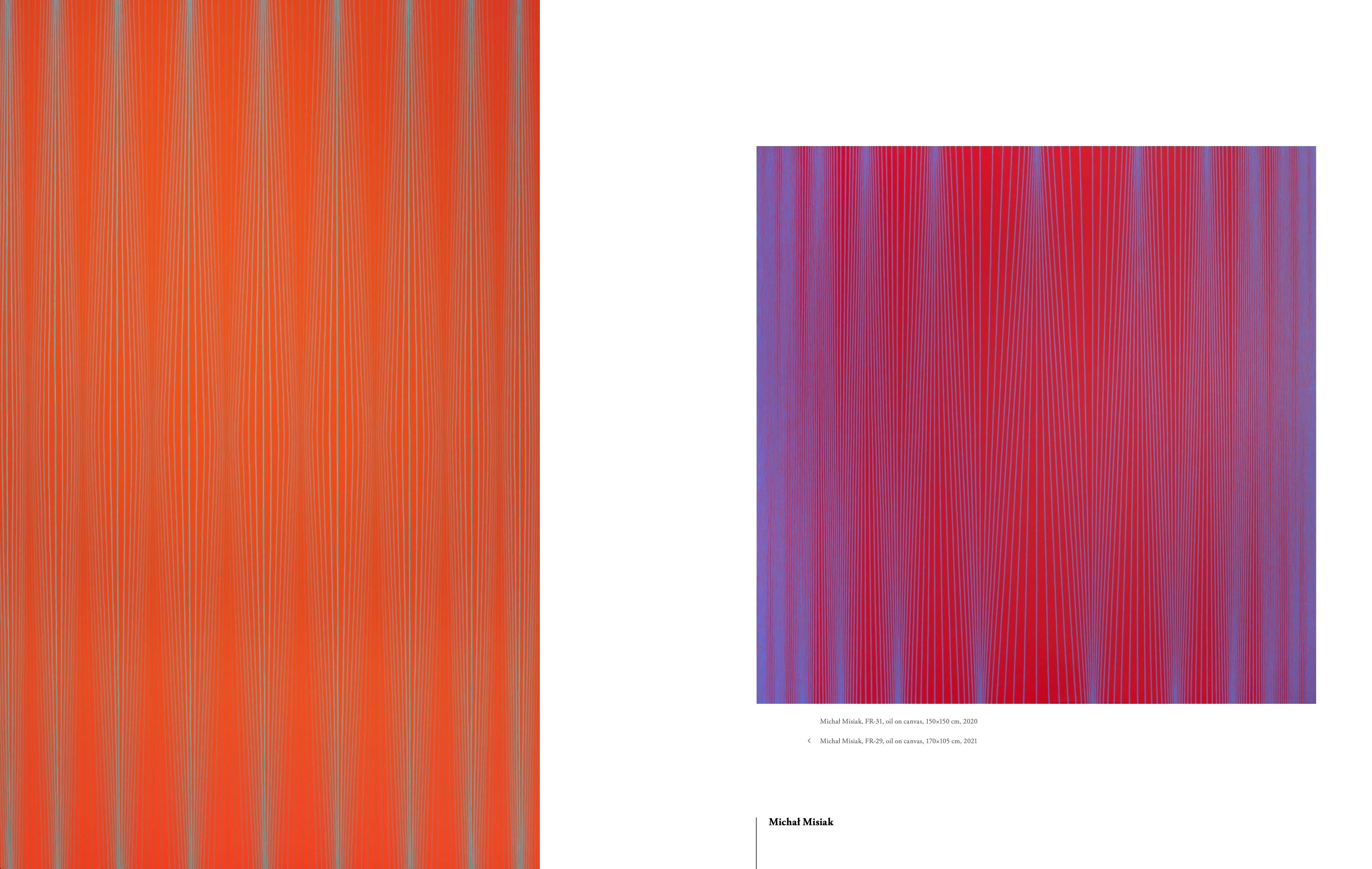 Catalogue spread with two striped orange and violet paintings