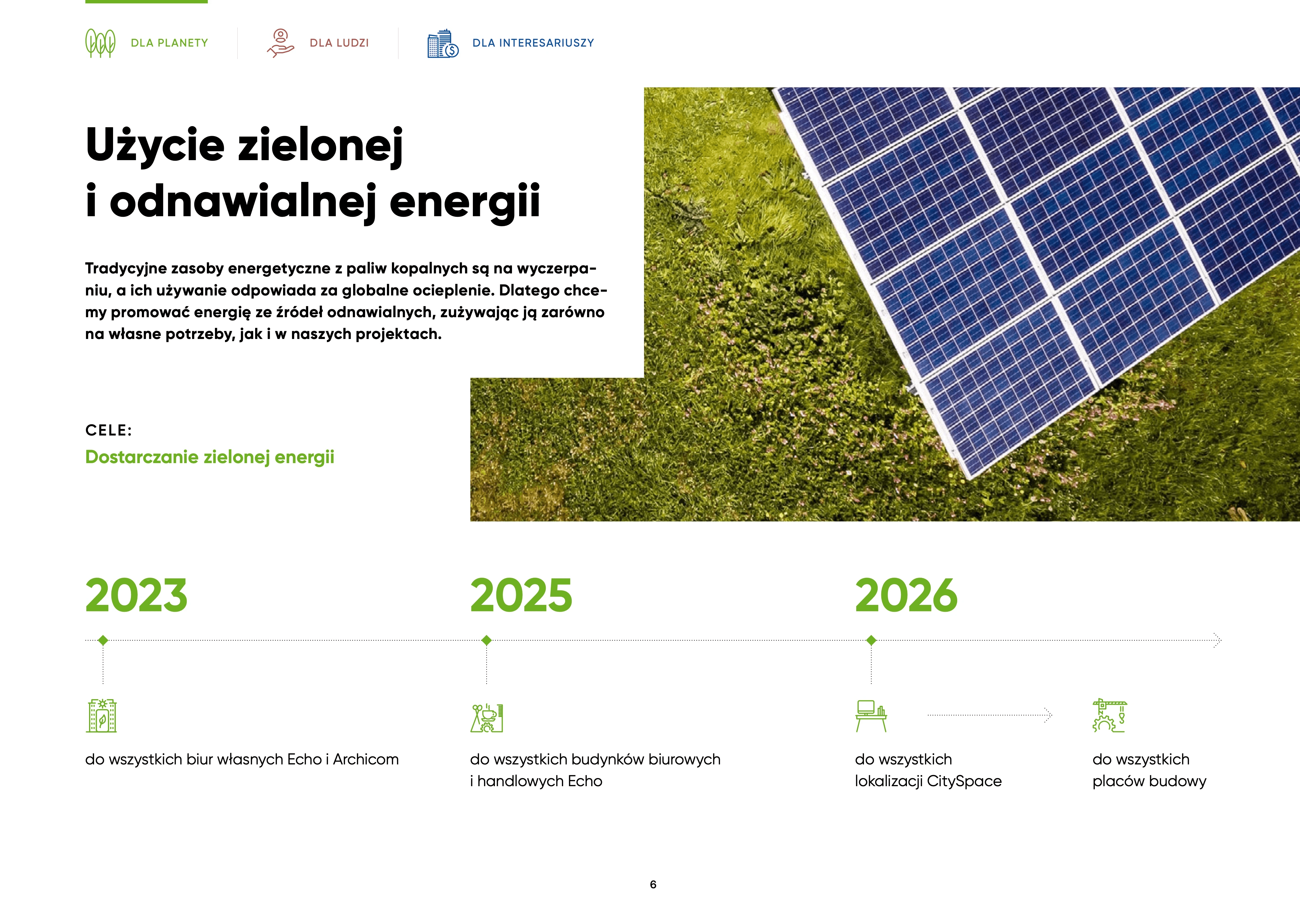 Renewable energy chapter with solar panels and a 2023–2026 timeline
